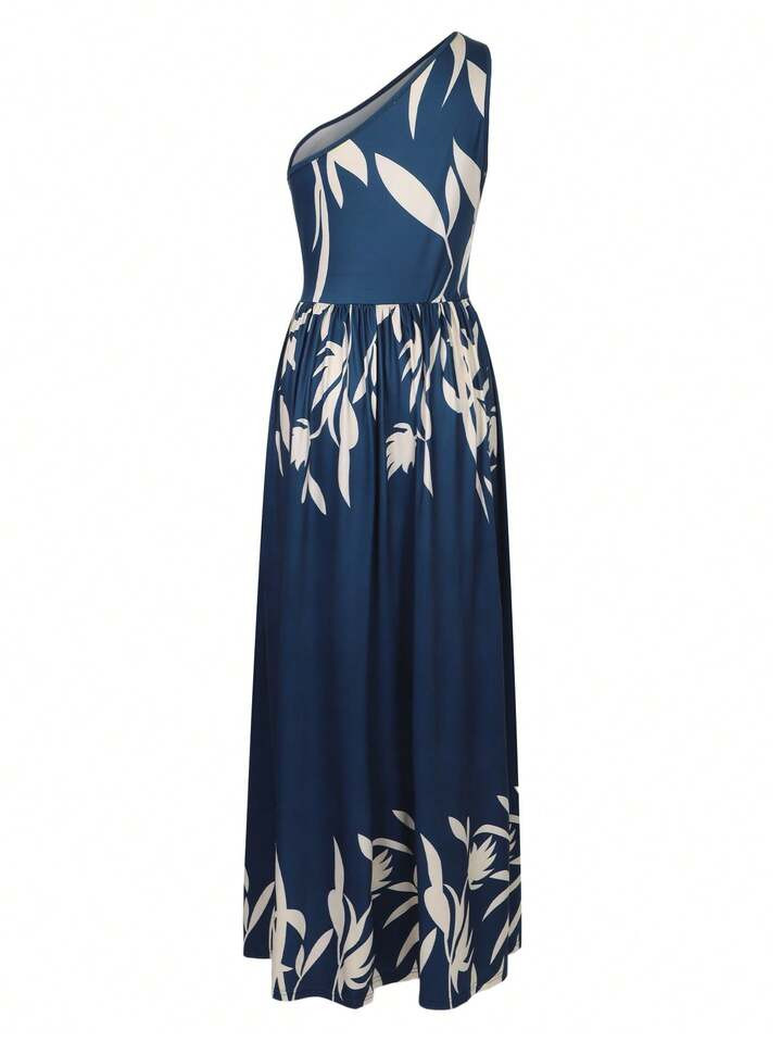 One Shoulder Oblique Neck Floral Print Slit Hem Long Dress | SHEIN