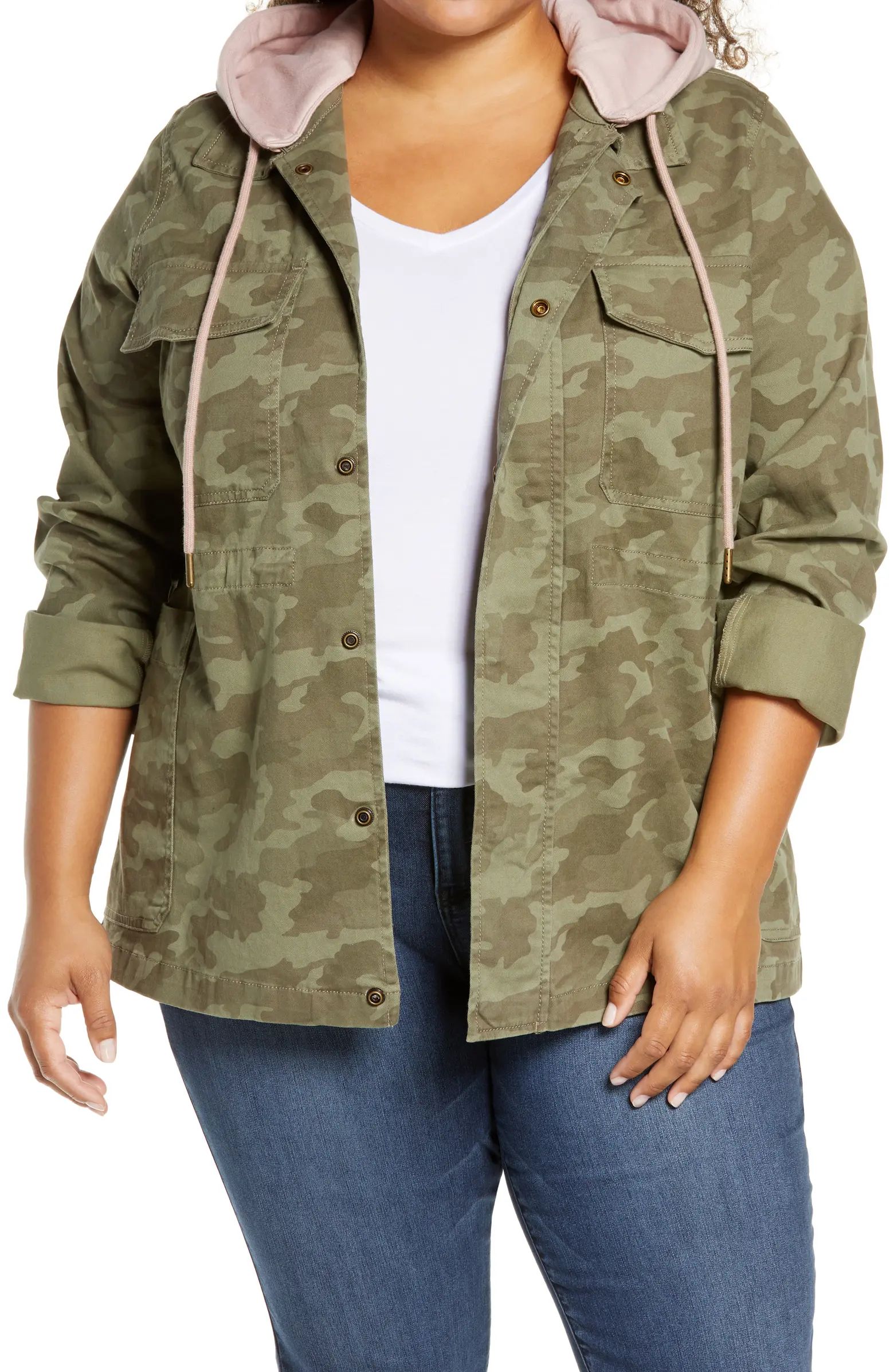 Caslon® Hooded Stretch Cotton Utility Jacket (Plus Size) | Nordstrom | Nordstrom