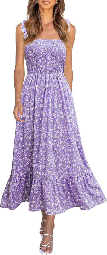 Imily Bela Womens Summer Floral Maxi Dress Boho Tie Strap Sleeveless Smocked A Line Beach Sundres... | Amazon (US)