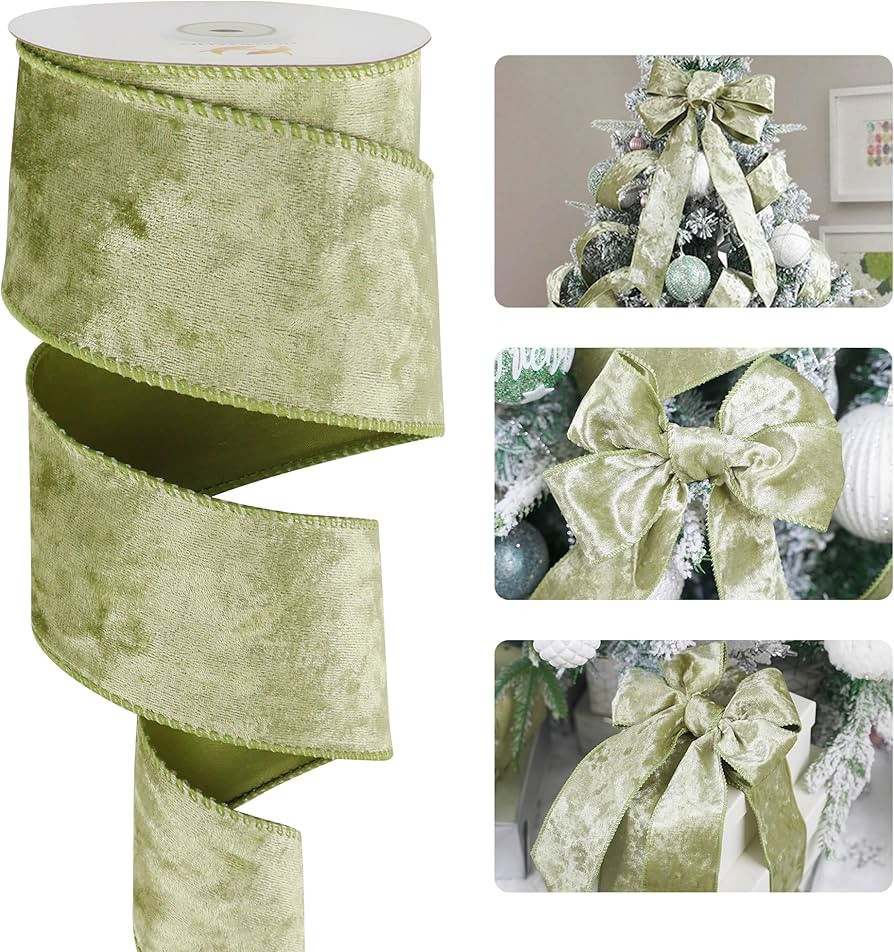 HUIHUANG Sage Green Velvet Wired Ribbon 2-1/2 inch, Velvet Wire Ribbon for Christmas Tree, Large ... | Amazon (US)