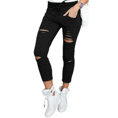 Avamo Women Casual Mid Waist Ripped Denim Jeans Raw Hem Skinny Capris Pants Jeggings Crap Trousers | Walmart (US)