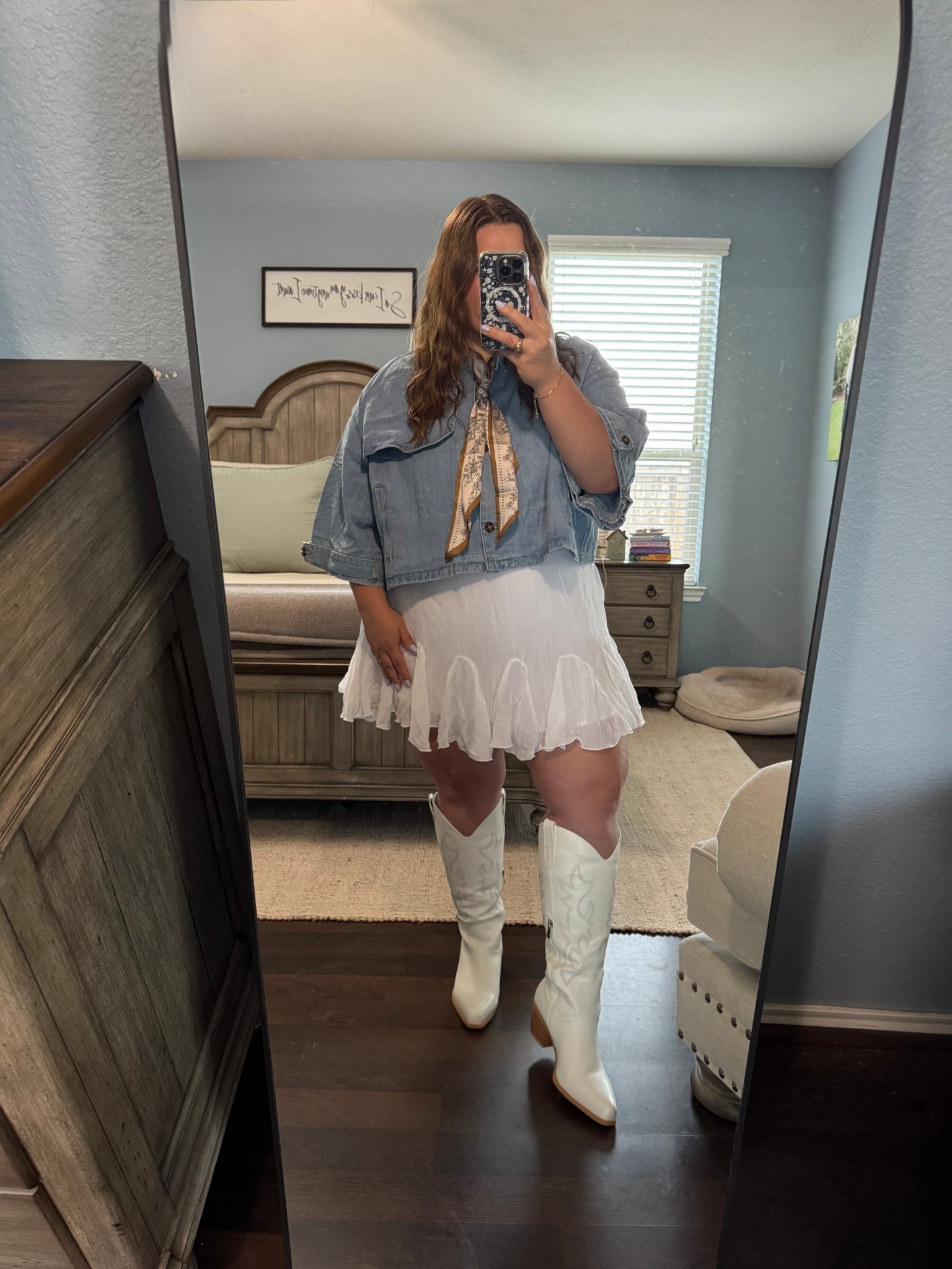 This curvy Nashville or rodeo outfit is brought to you by Amazon🤩 And it’s size 16 friendly. Wearing an XL in this oversized denim top and an xxl in this white skirt. Paired with a neck scarf and wide calf friendly cowgirls boots. 

#LTKootd #LTKPlusSize #LTKMidsize