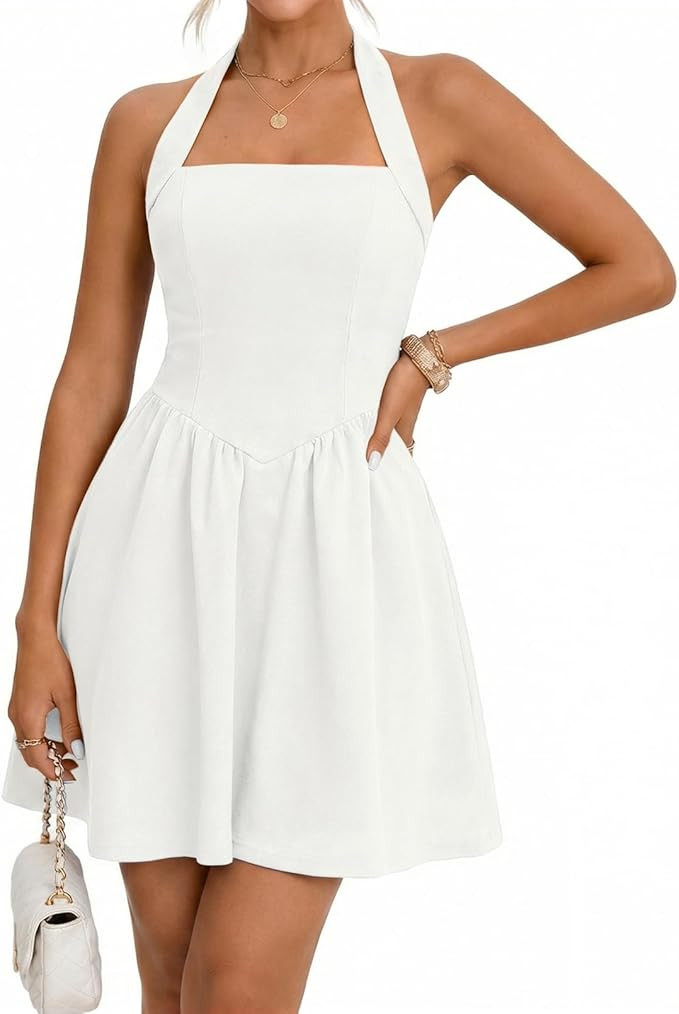 MEROKEETY Women's Summer Halter Neck Mini Dress 2026 Cute Ruched Waist A-line Flowy Graduation Co... | Amazon (US)