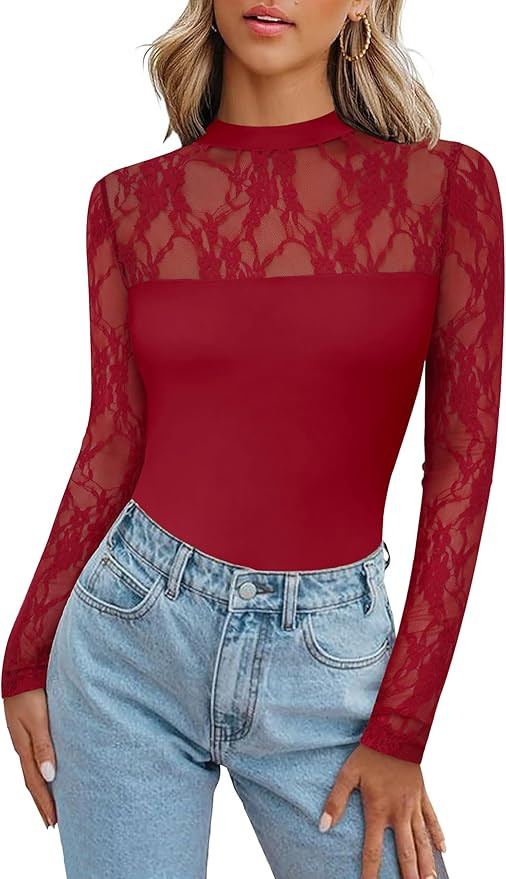 Zeagoo Long Sleeve Shirts for Women's Lace Tops Mesh Sheer Crew Neck Shirts Sexy Fall Going Out B... | Amazon (US)