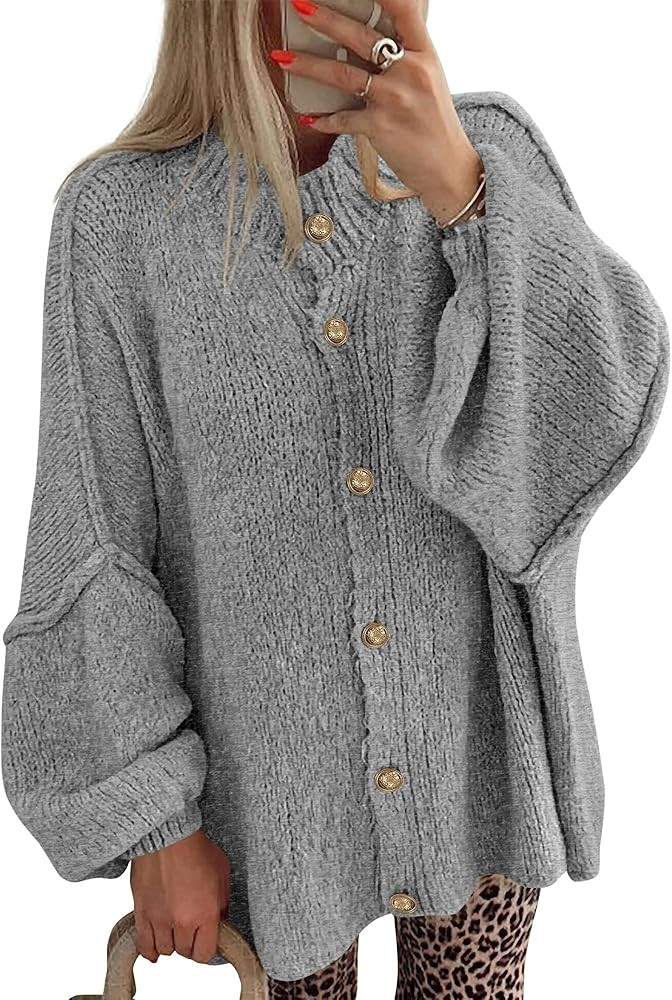 BTFBM Cardigan Sweaters for Women 2025 Fall Clothes Lantern Long Sleeve Button Open Front Chunky ... | Amazon (US)
