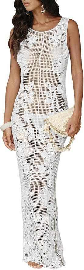 WDIRARA Women's Floral Crochet Sheer Cover Up Maxi Beach Dress Hollow Out Sleeveless Coverups | Amazon (US)