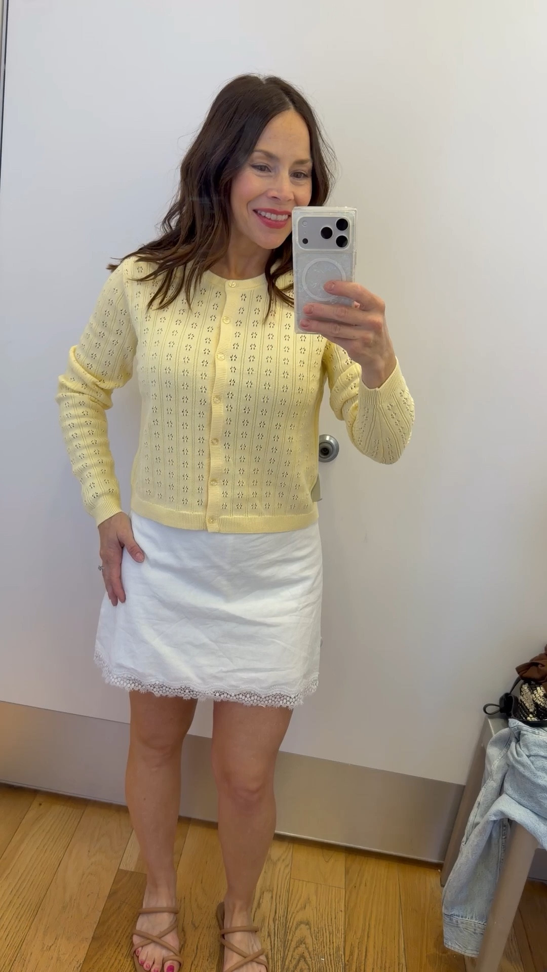 Pretty pointelle cardigan and white linen skirt with lace trim. Great little spring outfit. Fun for Easter and spring 

#LTKPetite #LTKOver40 #LTKootd