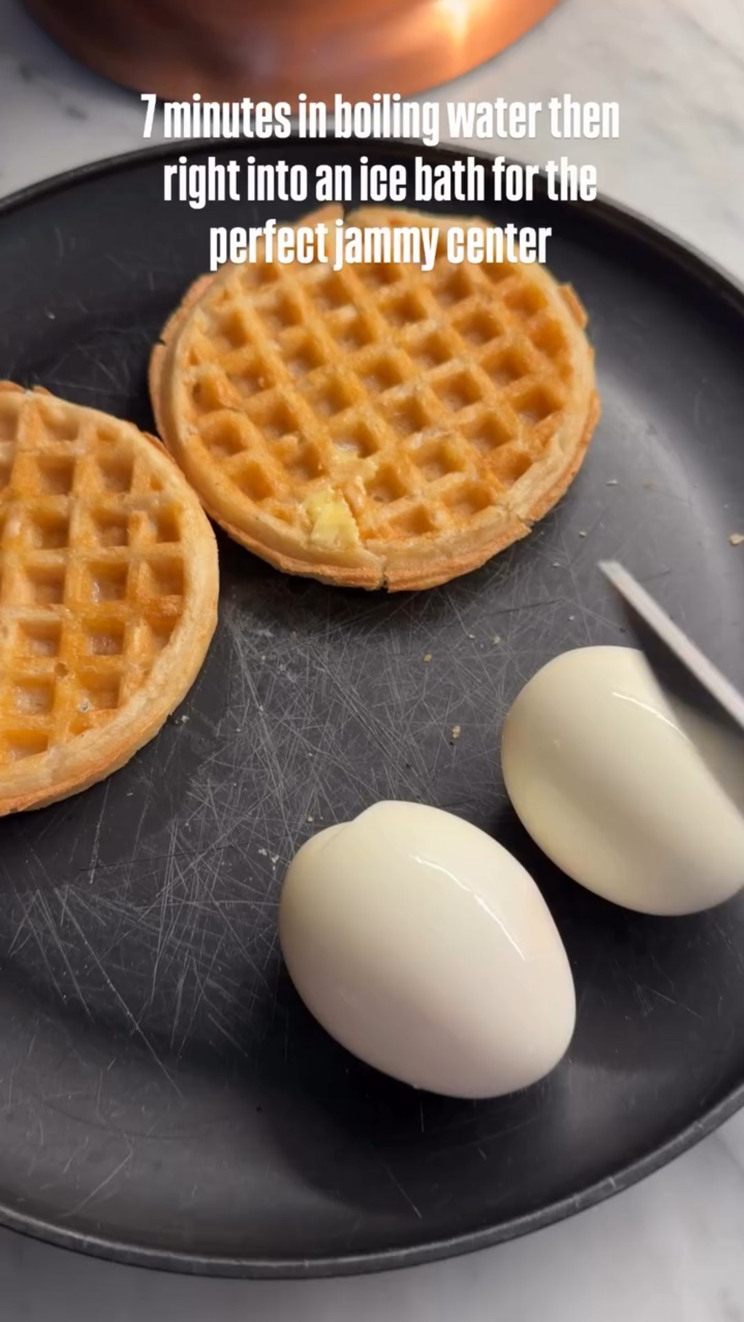 Soft boiled eggs how to: 7 minutes in boiling water then right into an ice bath for the perfect jammy center

#LTKfoodie
