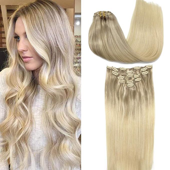 GOO GOO Human Hair Extensions Clip in Natural Ombre Ash Blonde to Golden Blonde and Platinum Blon... | Amazon (US)