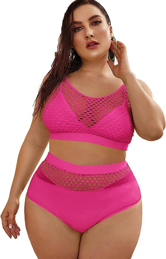 Floerns Women's Plus Size Splice Fishnet Cami Top and High Waist Bikini Set | Amazon (US)