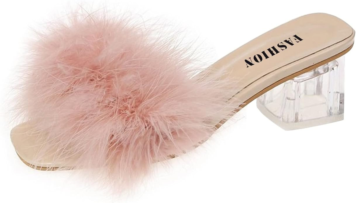 Women Furry Sandals Open Toe Slides Fluffy Feather Slippers Summer Slip On Block Heeled Mules San... | Amazon (US)