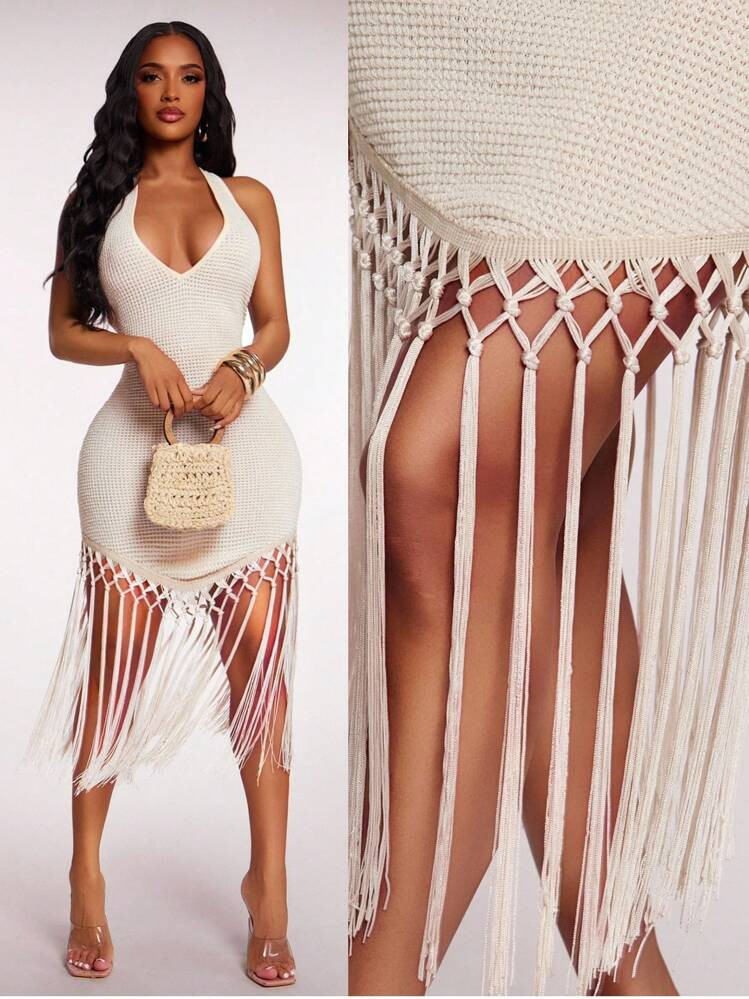 Radiana Plus Size Women's Spring/Summer Boho Apricot Crochet Tasseled Hem Flowy Dress, Holiday/Beach Outfit White Fringe Dress Tassel Dress White Mesh Dress,Boho Clothes Women Crochet Cover Up Dress Summer Dress Fringe Cover Up Dress, Summer Dresses Sexy Beach Dress Swimsuit Cover Up Bikini Cover Up Dress Swimsuit Cover Up Dress | SHEIN
