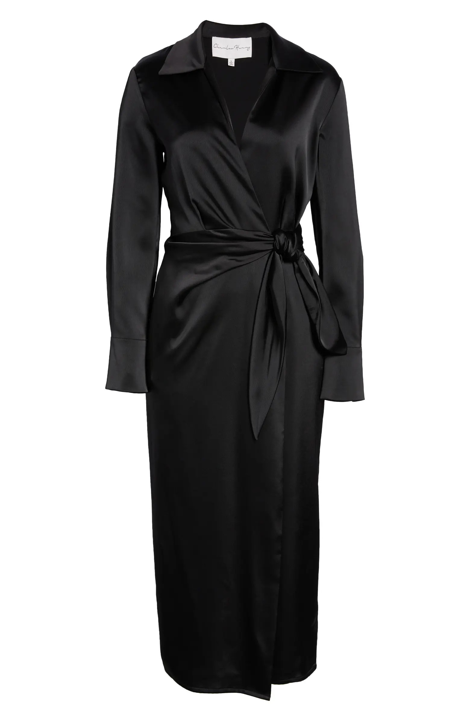 Charles Henry Long Sleeve Satin Midi Wrap Dress | Nordstrom | Nordstrom