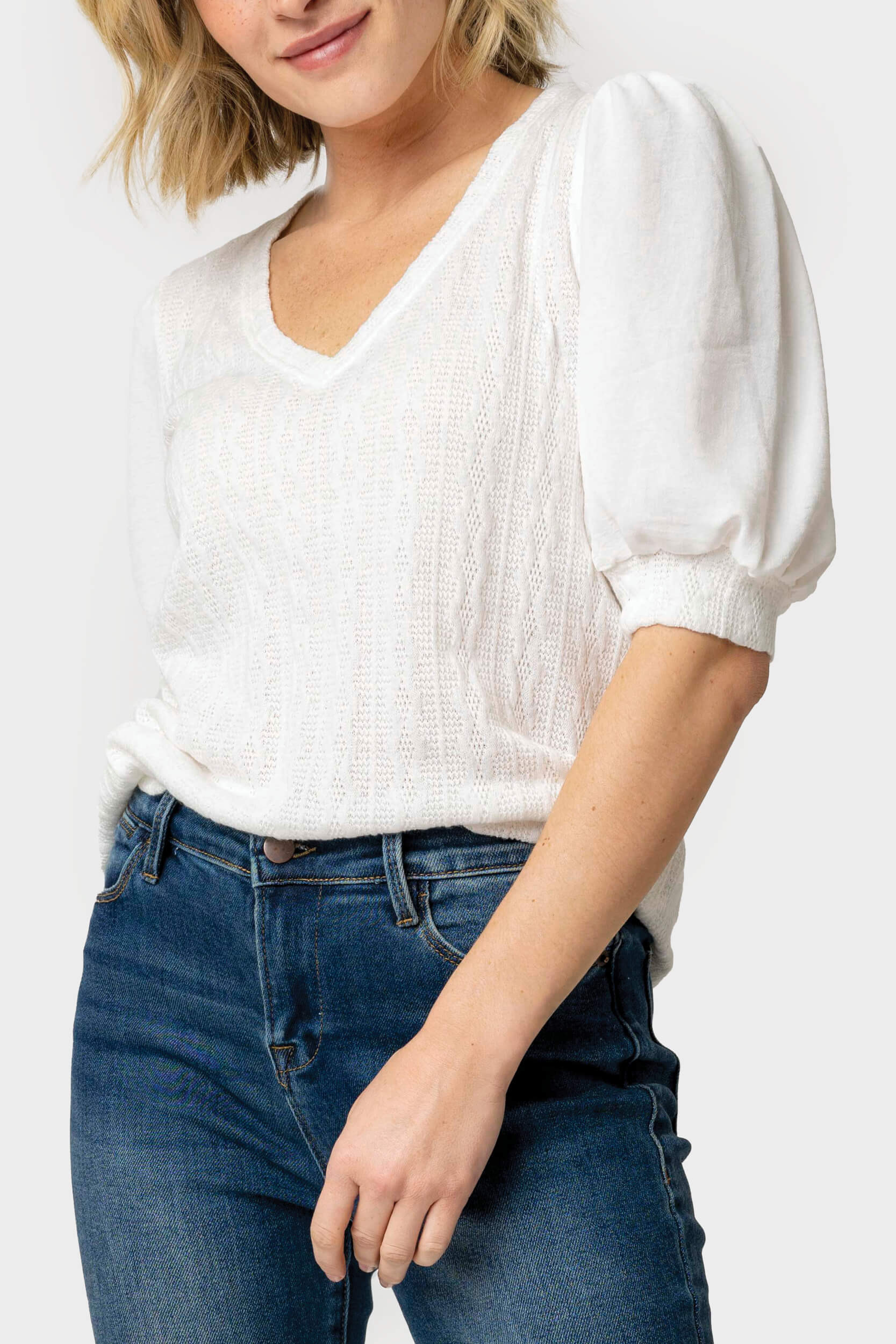 Mix Media Short Puff Sleeve Sweater | Gibson