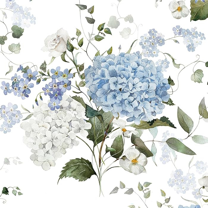 Hydrangea Wallpaper Peel and Stick Blue White Green Floral Wallpaper Vintage Flowers Watercolor B... | Amazon (US)