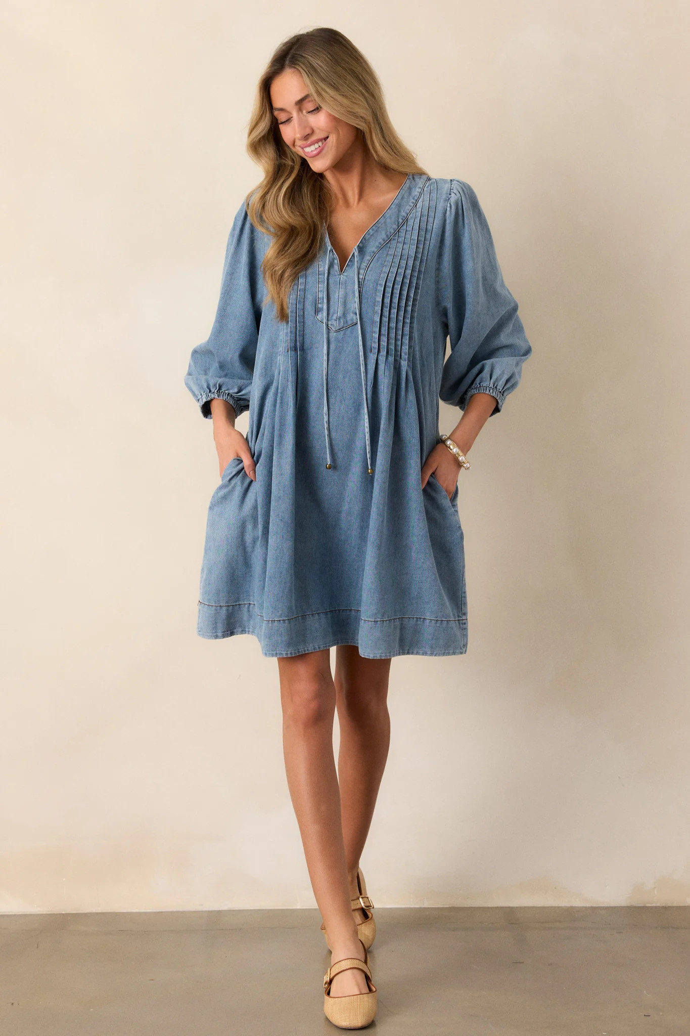 Endless Possibilities Light Wash Denim Mini Dress | Red Dress