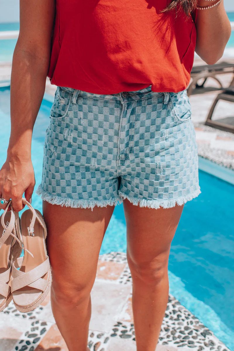 Time To Explore Checkered Denim Shorts | Apricot Lane Boutique