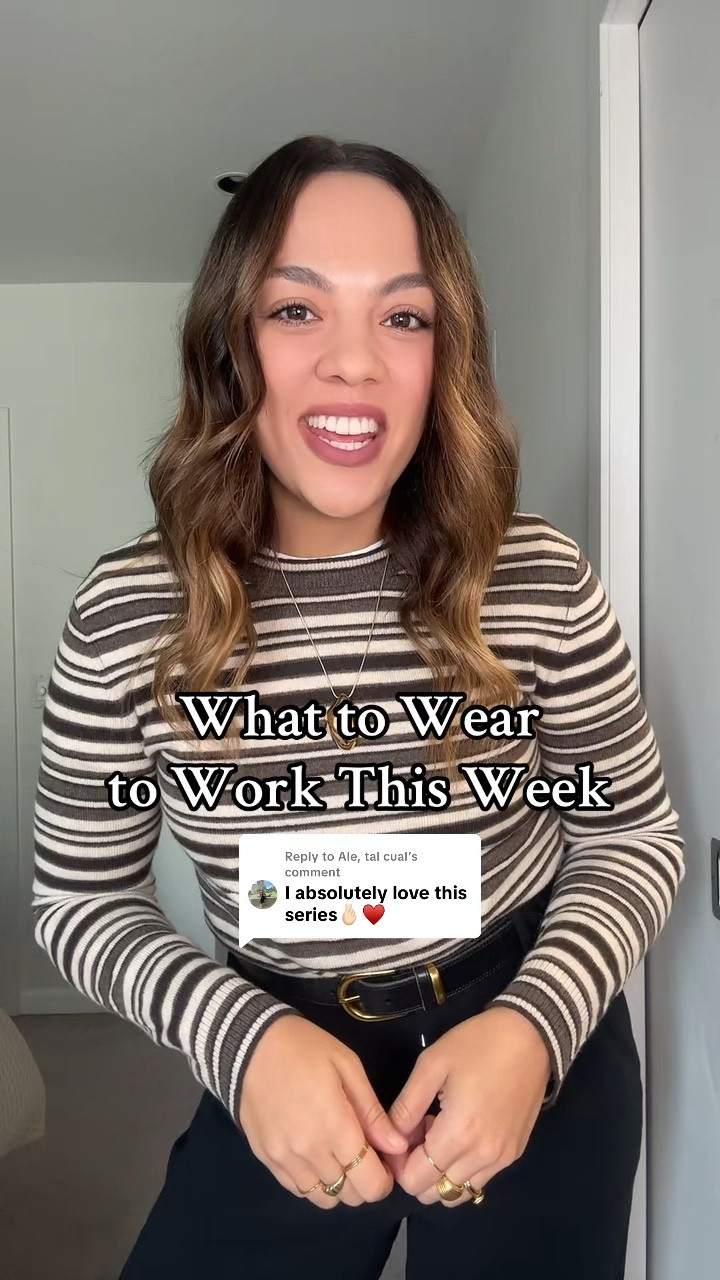 What you are going to wear to work this week!

Monday:
-Reformation striped sweater, I have a size large. 
-Aritzia high rise black tailored trousers, I have a size 10. 
-Aritzia black and brass belt. 
-Zara brown suede Mary Jane flats. 
-Banana Republic gold pendant necklace. 
-Demellier London brown suede tote bag. 

Tuesday:
-Sézane tan trousers, I have a size 40. 
-Sézane leopards print cardigan, I have a medium. 
-Uniqlo white T-shirt, I have a large. 

Wednesday:
-Anthropologie brown crew neck sweater, I have a medium. 
-Zara brown plaid print midi skirt, I have a large. 
-Zara light brown suede knee-high boots. 
-Demellier London burgundy suede tote bag. 

Thursday:
-Black pleated midi dress, similar linked. 
-Zara tan suede jacket, I have a large. 
-Poppy Barley black leather knee-high boots. 

Friday:
-Madewell black wide leg jeans, I have a size 29. 
-Zara brown shirt, I have a size large. 
-Reformation espresso brown suede collarless jacket, I have a large. 
-Zara cow print pointed flats. 


#LTKworkwear #LTKwinter #LTKstyletip