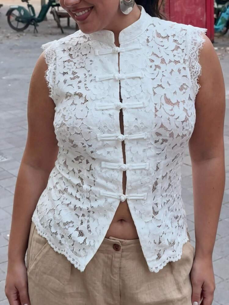 SHEIN Muchic Plus Size Elegant Solid Color Lace Sleeveless T-Shirt,For Daily Commute,Date, Commute, Party,Fall /Autumn/Winter/Summer,Christmas,New Year,Thanksgiving,Party,Wedding,Beach,Beach Fashion,Graduati,Chic,Sports,Casual,Going Out,Date,Appointment,Commute,Shining,Valentine's Day,Vacation,Casual,Y2k,Going Out,Graduation,Business,Festival | SHEIN