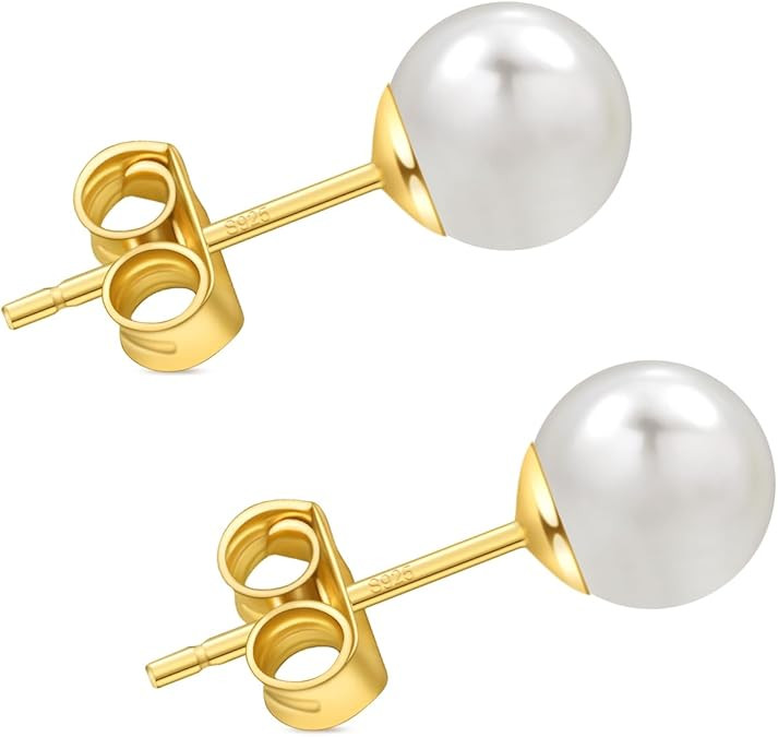 Freshwater Pearl Stud Earrings for Women, Hypoallergenic 18K Gold Vermeil Earrings Studs with Gen... | Amazon (US)