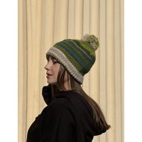 Hand Knit Wool Beanie Green Striped Pompom Slouch Hat | Etsy (US)