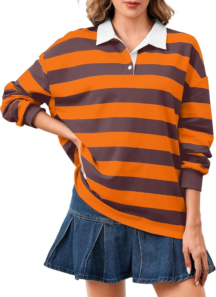 Women's Oversized Striped Polo Sweatshirt Long Sleeve Rugby Collared Pullover Tops Loose Fit Shir... | Amazon (US)