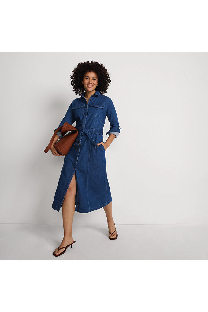 Women's Soft Denim Midi Shirt Dress - Lands' End - Blue - S | Lands' End (US)