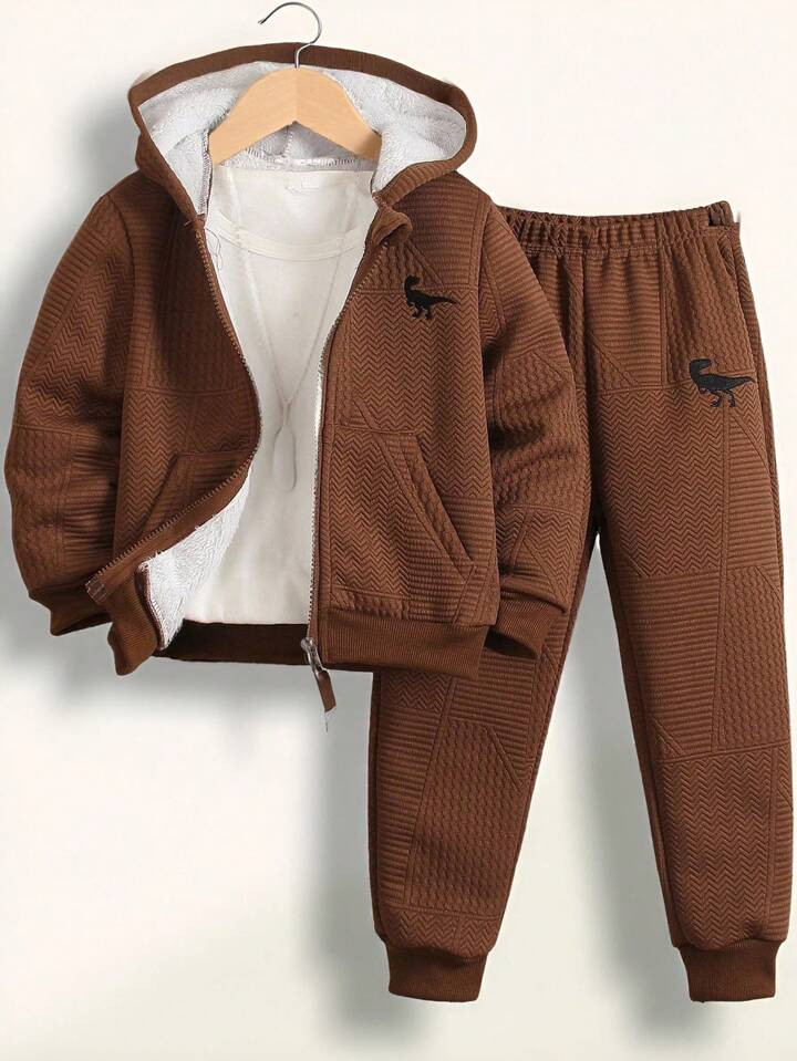 SHEIN Conjunto De 2 Peças Para Menino Jovem, Jaqueta Com Capuz Com Zíper E Calça Com Estampa Fofa De Dinossauro Bordada Para Meninos Jovens, Inverno | SHEIN