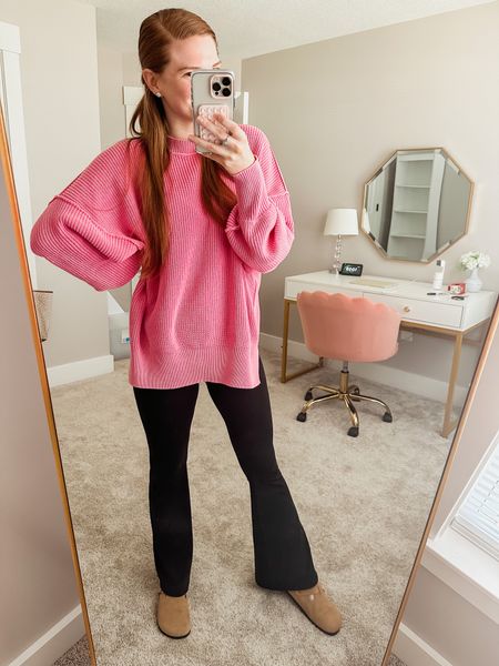 Aerie oversized pink sweater and flared leggings with Amazon Birkenstocks 

#LTKunder50 #LTKSeasonal #LTKFind