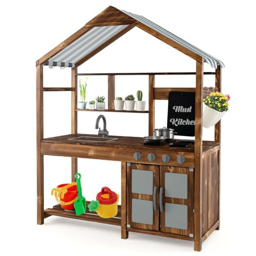 HONEY JOY Mud Kitchen with Canopy, Fir Wood Play Kitchen for Toddlers, Garden Sink, Stoves, Chalkboard, Storage Cabinet, Flowerpot, Outside Kitchen Playset, Mud Kitchen for Kids Outdoor Backyard | Amazon (US)
