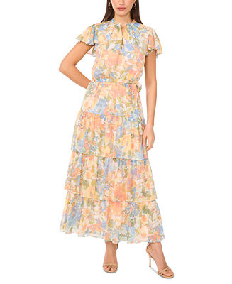 Women's Tiered Floral Flutter-Sleeve Maxi Dress | Macy's