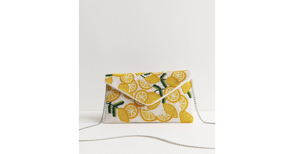 White Citrus Pattern Beaded Envelope Clutch | New Look | New Look (UK)
