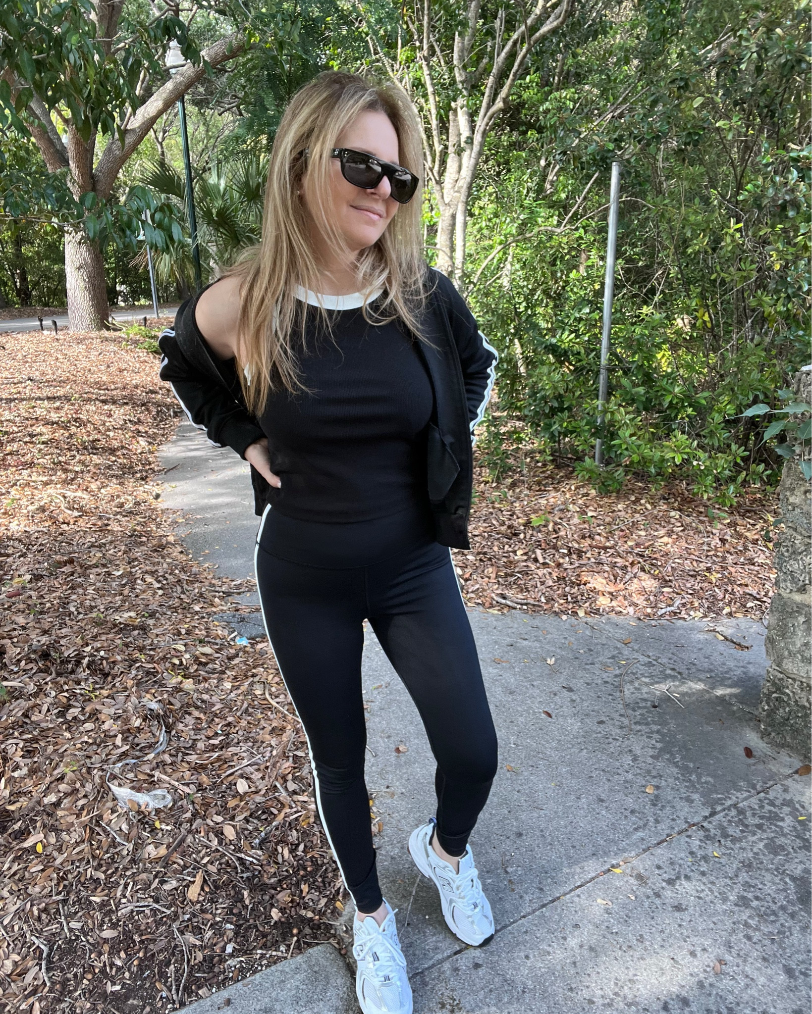 I’m wearing a slightly different take on an all black activewear outfit. My leggings, tank and jacket are all black with white detailing: my leggings and jacket have white stripes on the sides and arms and my tank has white tipping around the neck and arms. I like the retro vibe of this style (and that of my New Balance sneakers) And it breaks up my usual all black go-to workout clothes. Exact matches and similar styles are linked below.

#LTKShoeCrush #LTKActive #LTKStyleTip