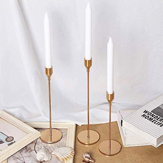 WillGail Set of 3 Gold Brass Candle Holders for Taper Candles, Decorative Candlestick Holder for Wed | Amazon (US)