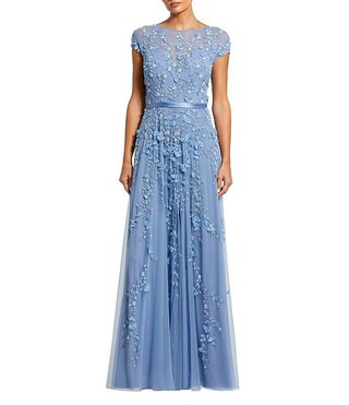 Illusion Round Neck Cap Sleeve Floral Embellished Mesh Aline Gown | Dillard's