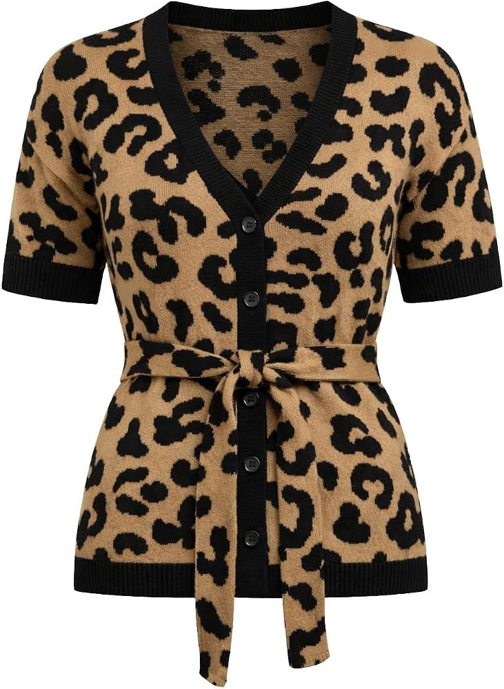 OXKNIT Women's Retro Knit Jacquard Cardigan, Leopard Pattern V-Neck Button Down Khaki Black Short... | Amazon (US)