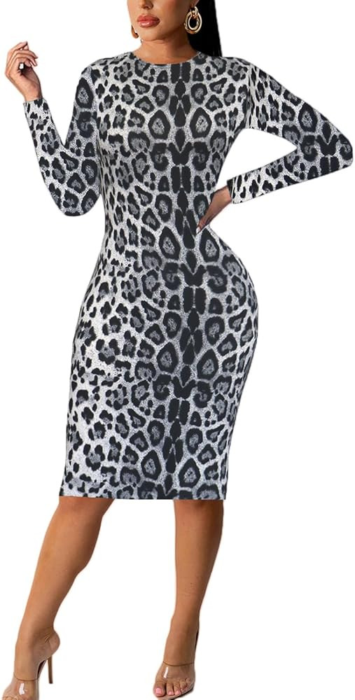 Women's Long Sleeve Bodycon Dress - Knee Length Midi Spring Fall Club Party Fitted Tight Pencil D... | Amazon (US)