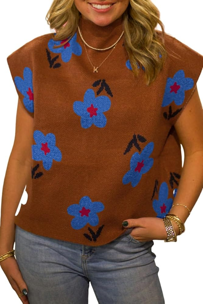 Urchics Womens Casual Sweater Chestnut Floral High Neck Sweater Vest | Amazon (US)