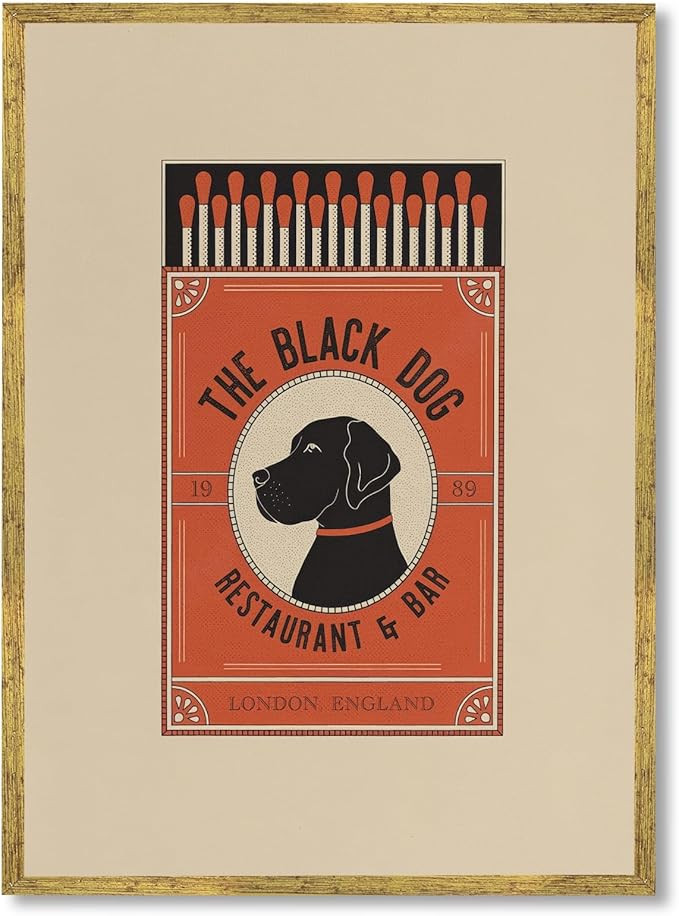 Gold Framed Vintage Black Dog Bar Wall Art Retro Pub Matchbook Poster Print Restaurant Decor Clas... | Amazon (US)