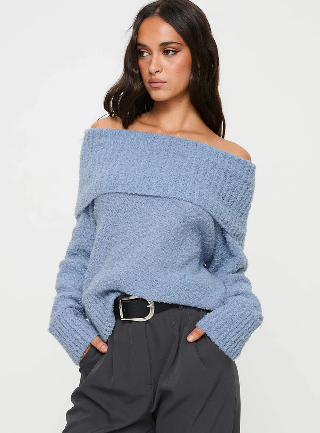 Parkley Boucle Off The Shoulder Sweater Blue | Princess Polly US