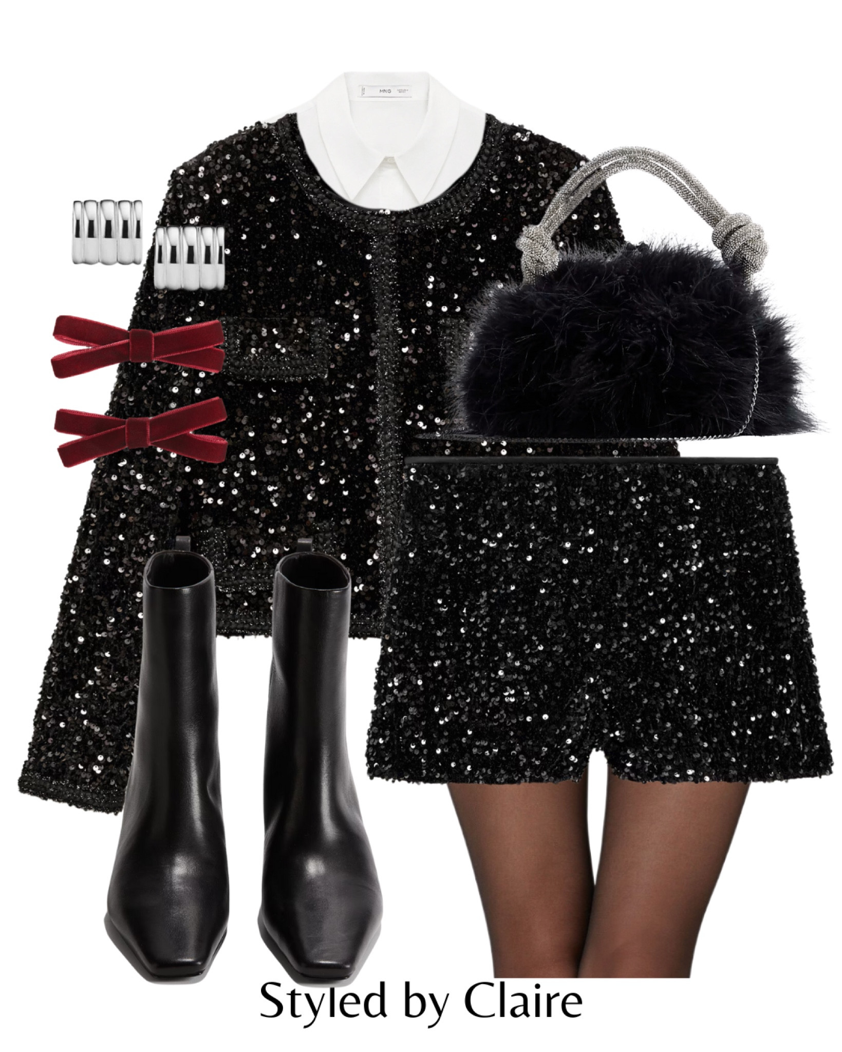 Christmas Party Sequin Queen✨
Tags: embellished jacket & shorts set mango black heeled boots fluffy silver handle bag earrings hair bow tights festive night out inspo winter new year sparkle season white shirt chic women’s style skirt

#LTKstyletip #LTKpartywear #LTKbag