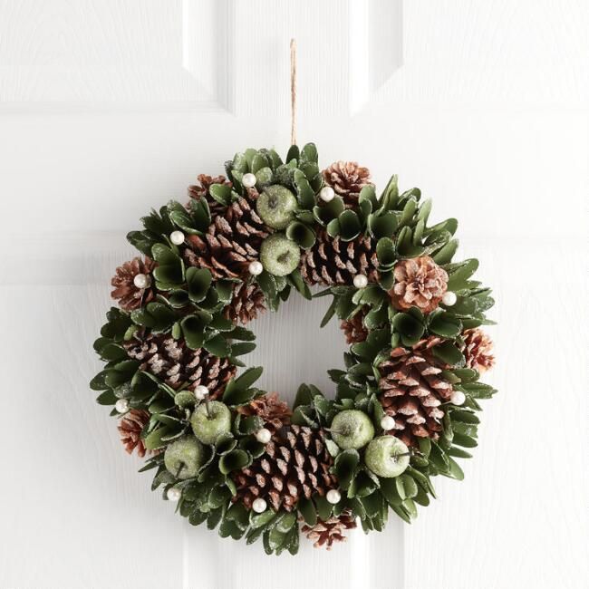 Pier Place Green Wood Curl and Faux Apple Wreath | World Market
