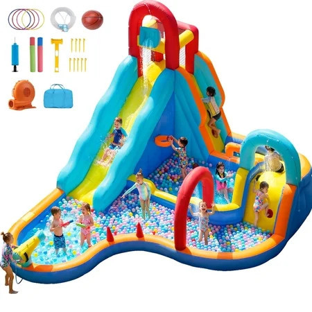 Patbrela Inflatable Water Slide Bounce House with Blower, 202x145x100inches, 12-in-1 Water Park with Extra Long Water Slide, Deep Pool, Basketball Hoop, Water Basin, Spray Door, Indoor/Outdoor | Walmart (US)
