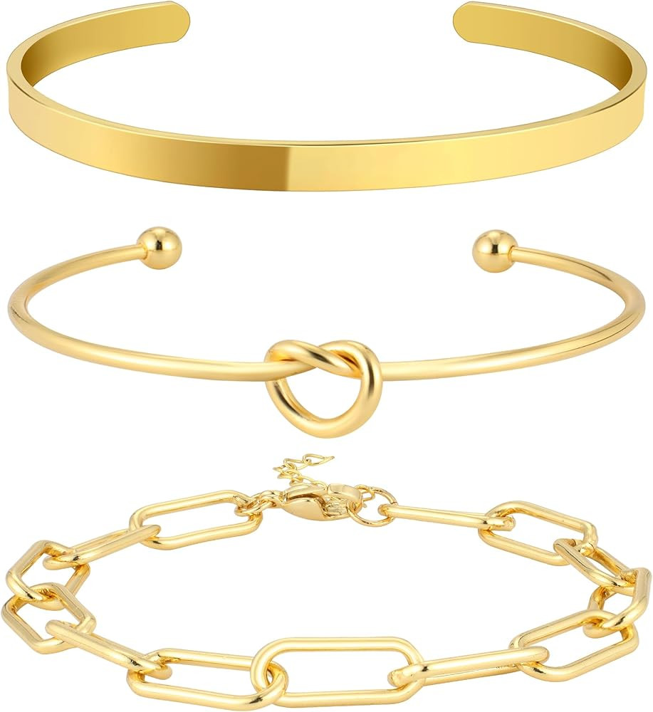 14K Real Gold Plated Bracelets for Women Stack,Bangle Cuff Bracelet Set Non Tarnish Jewelry for W... | Amazon (US)