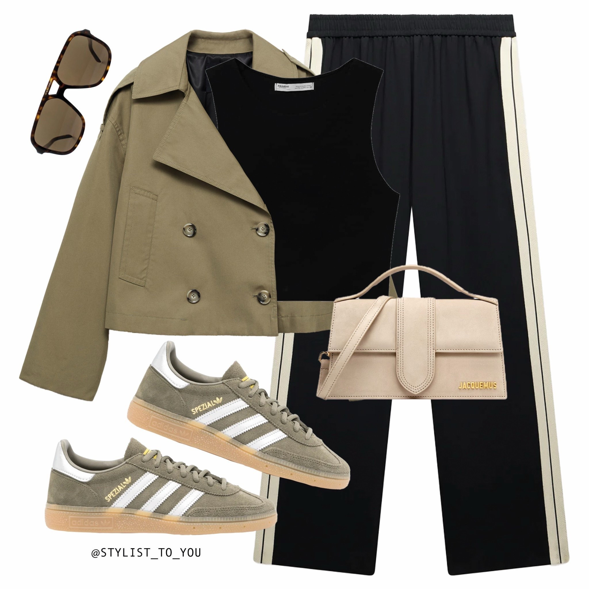 Styling khaki for spring 🫒

Flat lay outfit styling post features a cropped khaki trench jacket, black athletic pants with side stripes, a black crop top, khaki Adidas sneakers, beige Jacquemus handbag, and sunglasses. sporty luxe, elevated basics, trendy outfits,  weekend outfit, monochrome outfit, trendy streetwear, street chic, minimalist luxury, quiet luxury, street-style essentials, luxury neutrals, autumn chic, sleek streetwear, functional fashion, timeless neutrals, subtle elegance, neutral sophistication, high-fashion casual, everyday luxe, curated outfits, effortless modern fashion, monochrome chic, transitional styling, modern power dressing, simple yet stylish, relaxed urban fashion, bold minimalist, refined street style, natural hues, athleisure luxe, understated elegance, sleek casual, smart layering, casual glam, subtle tones, classic styling, put-together casual, warm neutrals, contemporary neutral fashion

#LTKeurope #LTKspring #LTKuk
