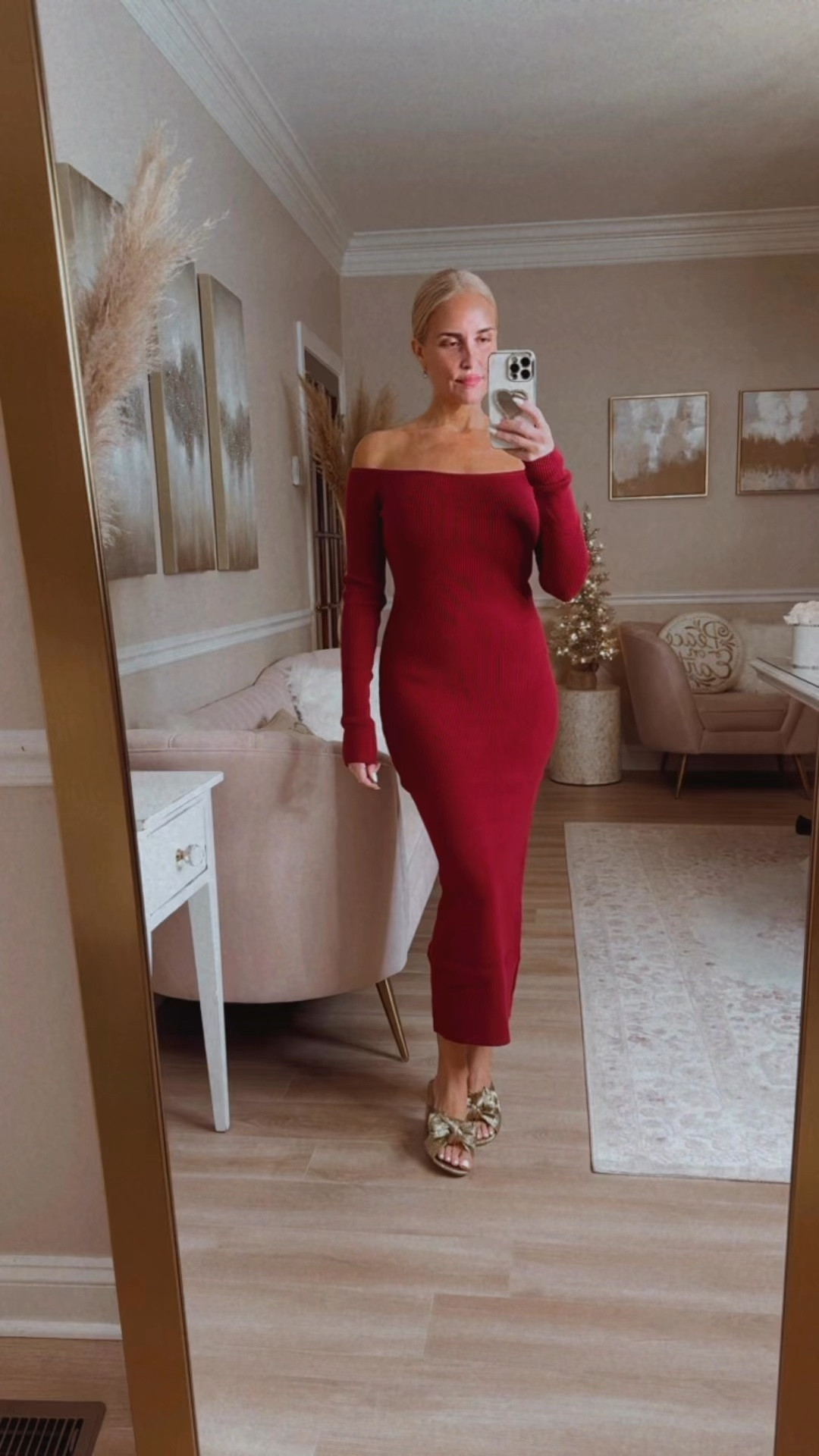 A gorgeous burgundy off the shoulder long sleeve midi sweater dress. J’adore!! 

#LTKSeasonal #LTKOver40 #LTKHoliday