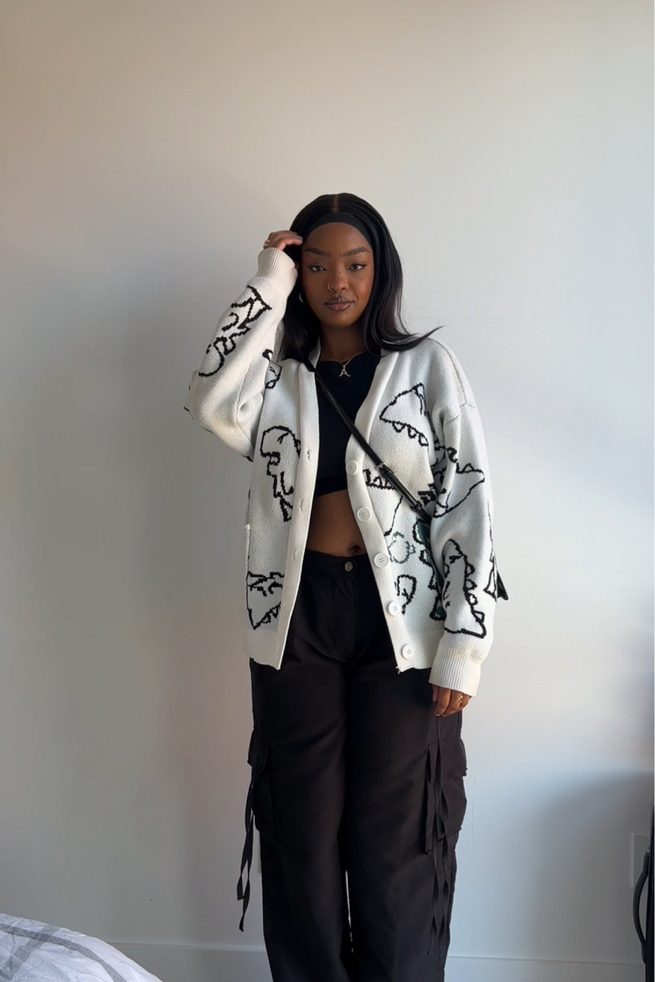 Cozy Fall outfit, styling parachute pants for Fall, all back outfit with a white cardigan with prints, y2k fashion, black girl

#LTKfindsunder100 #LTKmidsize #LTKstyletip