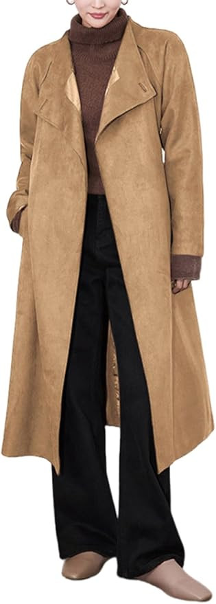 utcoco Womens Faux Suede Long Trench Coat Open Front Leather Trench Overcoat with Belt | Amazon (US)