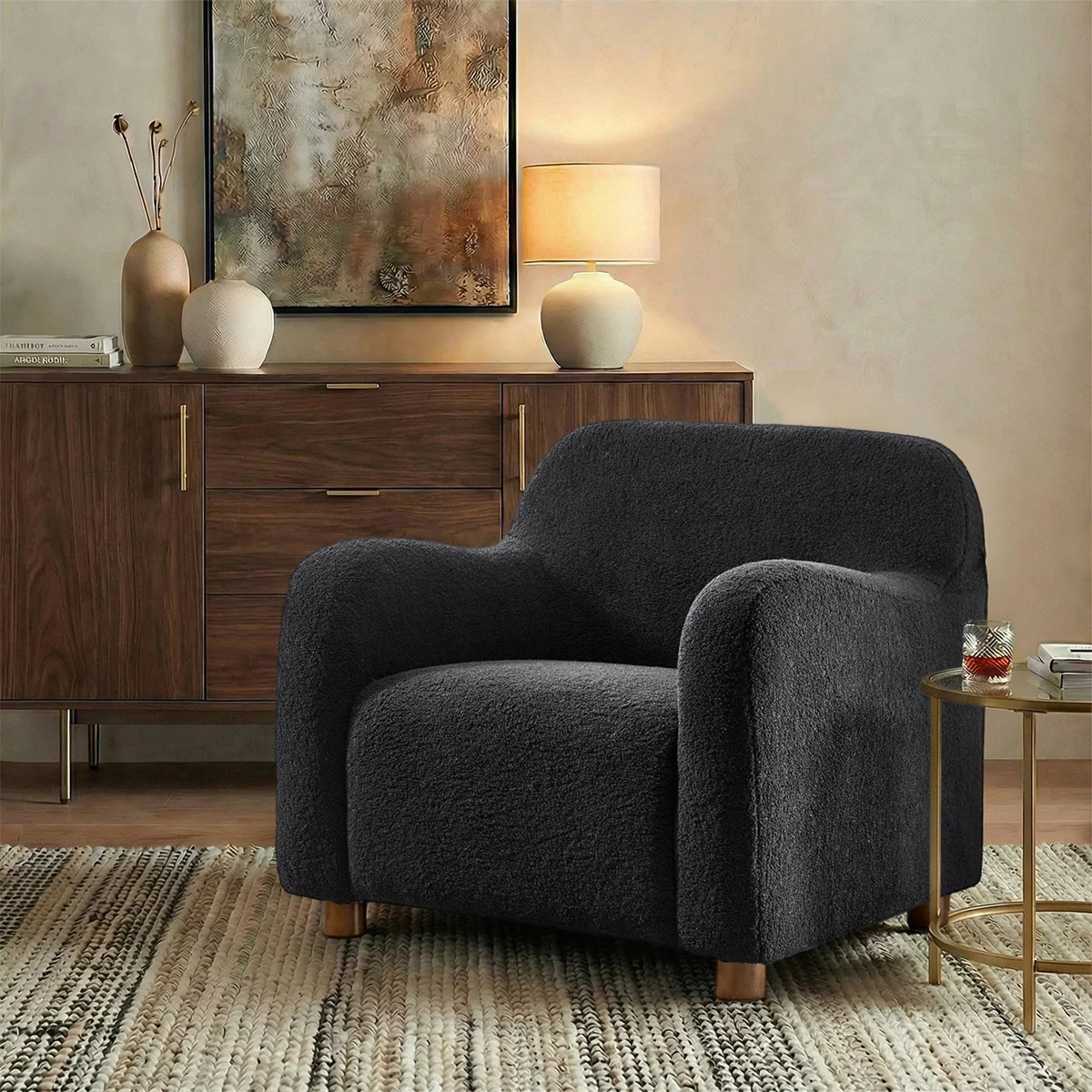 Berken 35'' Wide Lamb Wool Upholstered Teddy Armchair with Solid Wood Legs | Wayfair North America