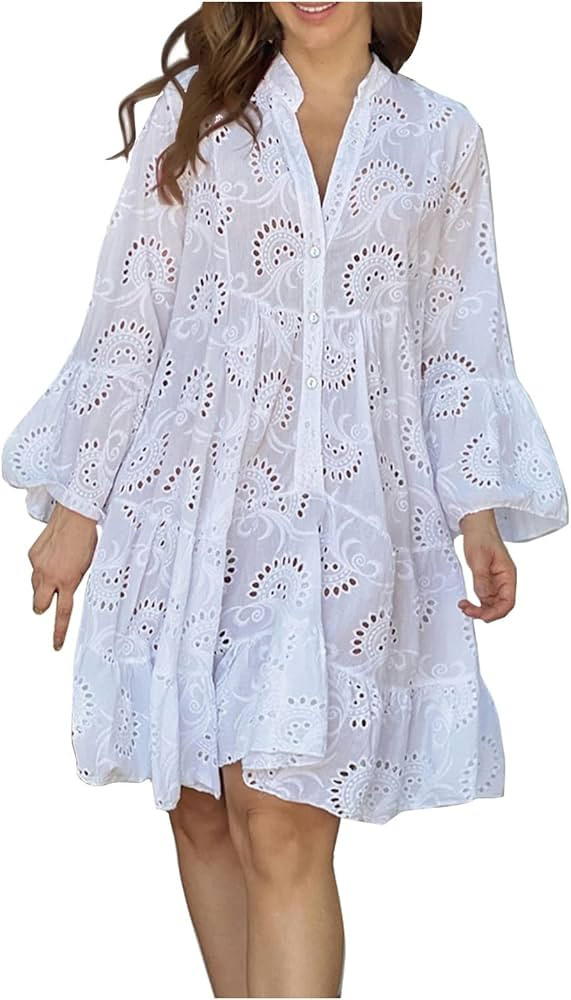 Womens Dresses 2023 Button Down Shirts Dress Long Sleeve V-Neck Sundress Eyelet Loose Flowy Mini ... | Amazon (US)